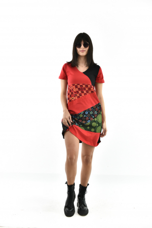 Rochie scurta din bumbac cu print divers - Rosu cu Negru [9]