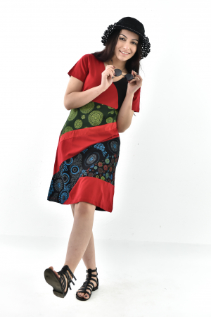 Rochie scurta din bumbac cu print divers - Rosu cu Negru [7]