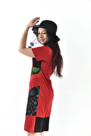 Rochie scurta din bumbac cu print divers - Rosu cu Negru [8]