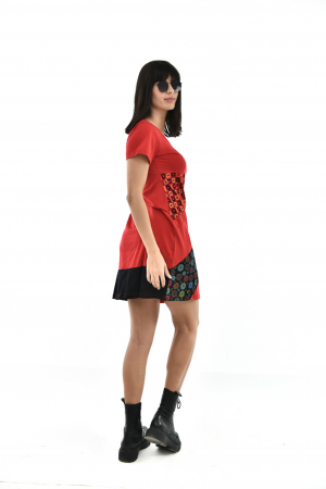 Rochie scurta din bumbac cu print divers - Rosu cu Negru [12]