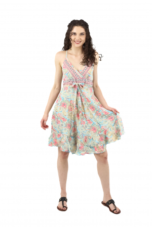 Rochii - Rochie scurta din material fluid cu fir auriu si decolteu in V - Model 1