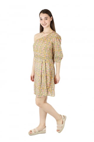 Rochie scurtă din bumbac pe umăr damă - Galben [1]