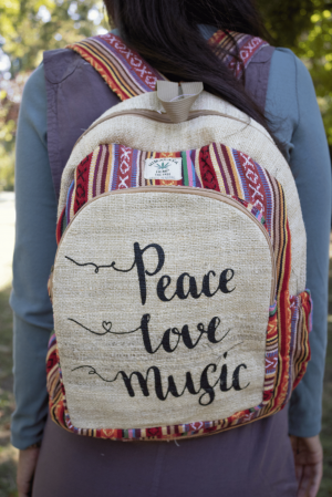 Rucsacuri Mari cu Print - Rucsac din canepa si bumbac - Peace, Love, Music 3