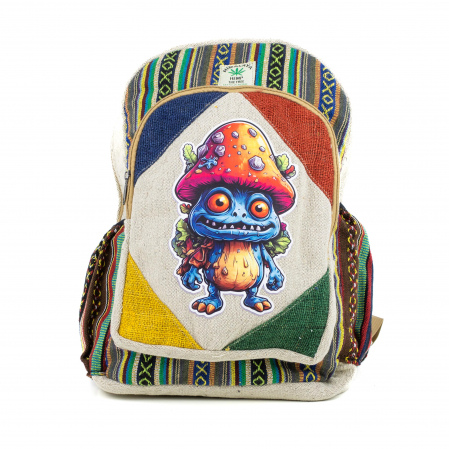 Rucsacuri Mari cu Print - Rucsac mare din canepa si bumbac cu print artistic - Angry Mushroom
