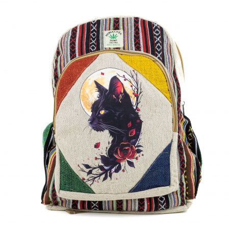 Rucsacuri Mari cu Print - Rucsac mare din canepa si bumbac cu print artistic - Black Cat