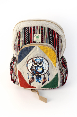RUCSACURI - Rucsac mare din canepa si bumbac cu print artistic - Bufnita si Prinzator de Vise