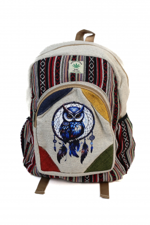 RUCSACURI - Rucsac mare din canepa si bumbac cu print artistic - Bufnita si Prinzator de Vise