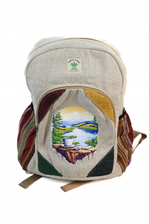 Rucsacuri Mari cu Print - Rucsac mare din canepa si bumbac cu print artistic - Cafea si Natura