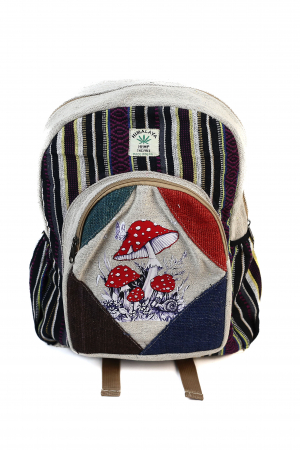 RUCSACURI - Rucsac mare din canepa si bumbac cu print artistic - Ciuperci Fermecate si Fluturi