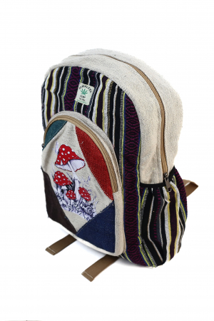 Rucsac mare din canepa si bumbac cu print artistic - Ciuperci Fermecate si Fluturi [1]