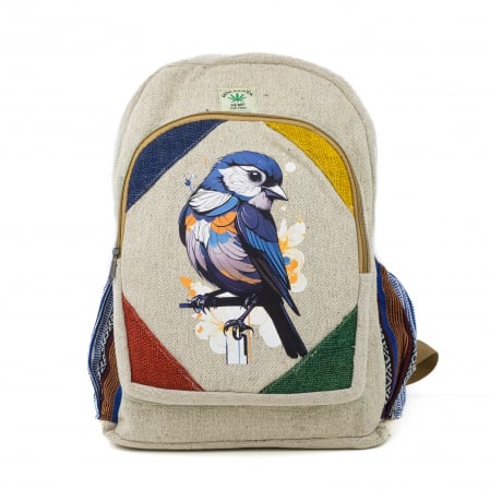 RUCSACURI - Rucsac mare din canepa si bumbac cu print artistic - Cute little bird