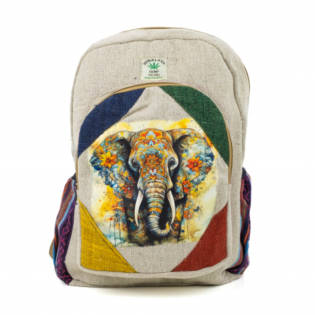 Rucsacuri Mari cu Print - Rucsac mare din canepa si bumbac cu print artistic - Elefant sacru si lotusul
