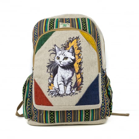 FEMEI - Rucsac mare din canepa si bumbac cu print artistic - White Cat