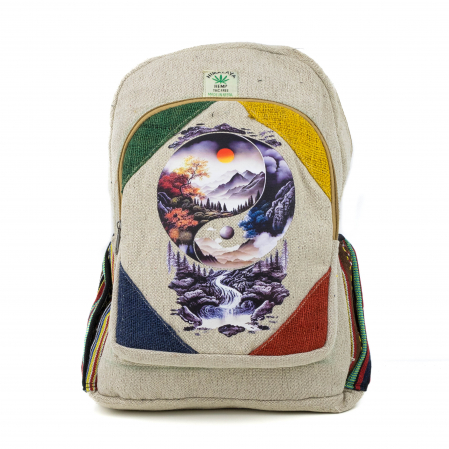 Rucsacuri Mari cu Print - Rucsac mare din canepa si bumbac cu print artistic - Echilibrul naturii
