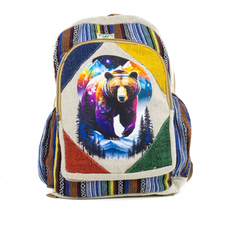 Rucsacuri Mari cu Print - Rucsac mare din canepa si bumbac cu print artistic - Grizzly