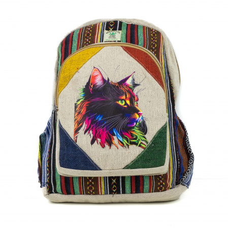 Rucsacuri Mari cu Print - Rucsac mare din canepa si bumbac cu print artistic - Cat
