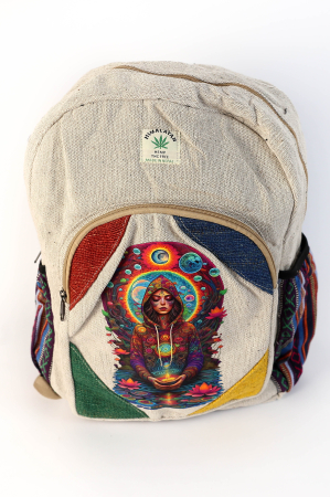 Rucsacuri Mari cu Print - Rucsac mare din canepa si bumbac cu print artistic - Meditatie si armonie