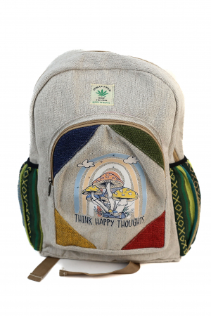 Rucsacuri Mari cu Print - Rucsac mare din canepa si bumbac cu print artistic - Mushroom, Think Happy Thoughts
