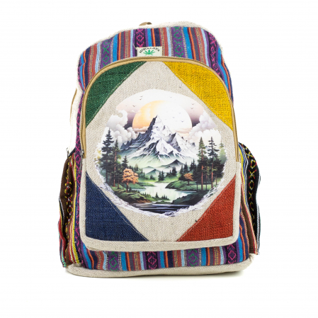 FEMEI - Rucsac mare din canepa si bumbac cu print artistic - Peisaj de Munte