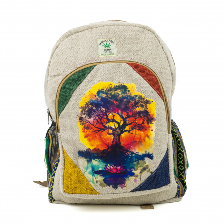 Rucsacuri Mari cu Print - Rucsac mare din canepa si bumbac cu print artistic - Tree of Life si Lotus