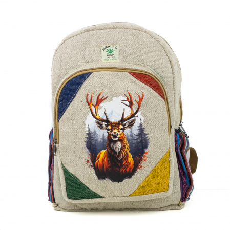 Rucsacuri Mari cu Print - Rucsac mare din canepa si bumbac cu print artistic - Cerb in decor de iarna feerica