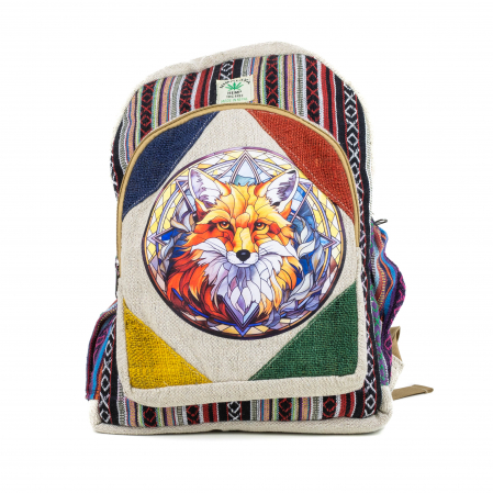 Rucsacuri Mari cu Print - Rucsac mare din canepa si bumbac cu print artistic - Vulpe Vitraliu