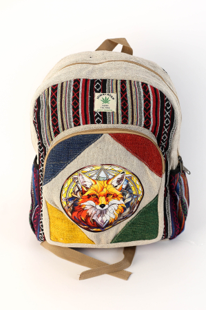 Rucsacuri Mari cu Print - Rucsac mare din canepa si bumbac cu print artistic - Vulpe Vitraliu