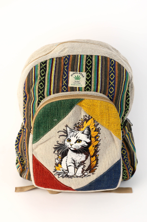 Rucsacuri Mari cu Print - Rucsac mare din canepa si bumbac cu print artistic - White Cat