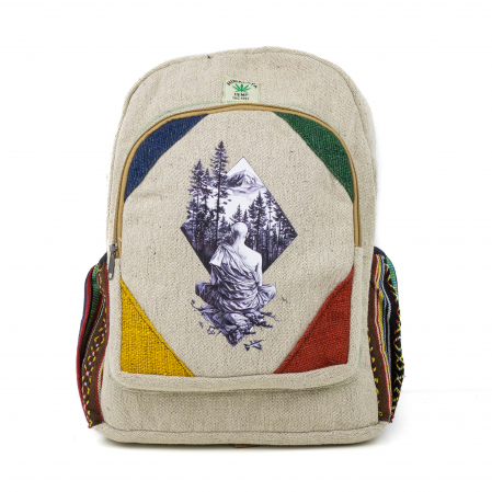 Rucsacuri Mari cu Print - Rucsac mare din canepa si bumbac cu print artistic - Inner peace