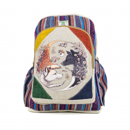 Rucsacuri Mari cu Print - Rucsac mare din canepa si bumbac cu print artistic - Vulpe - White (Yin) & Black (Yang)