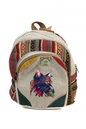 RUCSACURI - Rucsac Mic din Canepa si Bumbac cu Print Artistic - Cat