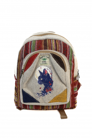 RUCSACURI - Rucsac Mic din Canepa si Bumbac cu Print Artistic -  Black Cat
