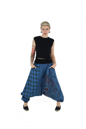 Salvari din bumbac cu broderie florala si banda neagra in talie - Teal [1]