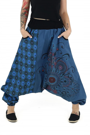 Salvari din bumbac cu broderie florala si banda neagra in talie - Teal [0]
