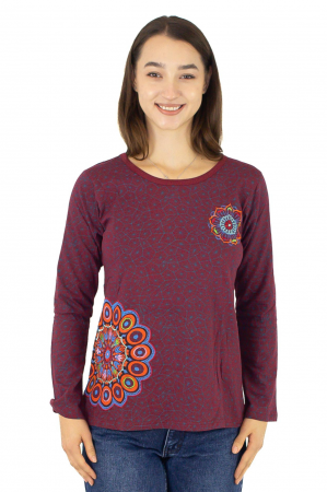 Colecția Toamnă 2025 - Tricou cu maneca lunga si imprimeu abstract - Visiniu
