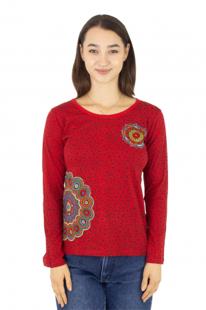 Îmbrăcăminte - Tricou cu maneca lunga si imprimeu abstract - Visiniu