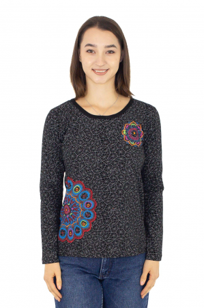 Îmbrăcăminte - Tricou cu maneca lunga si imprimeu abstract - Visiniu