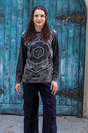 Tricou unisex cu mânecă lungă și print abstract - Gri