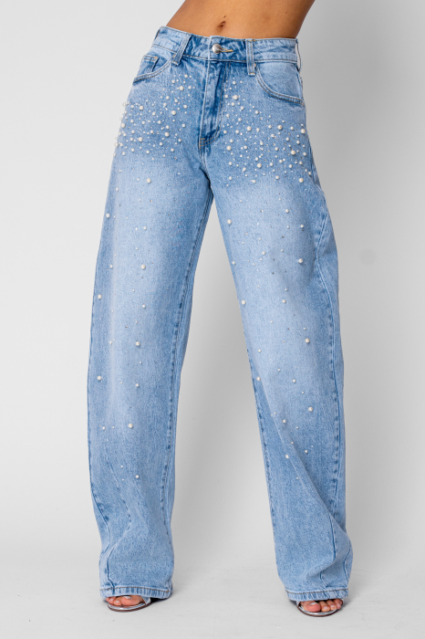 Elastic jeans with beads and rhinestones Light Blue [3]