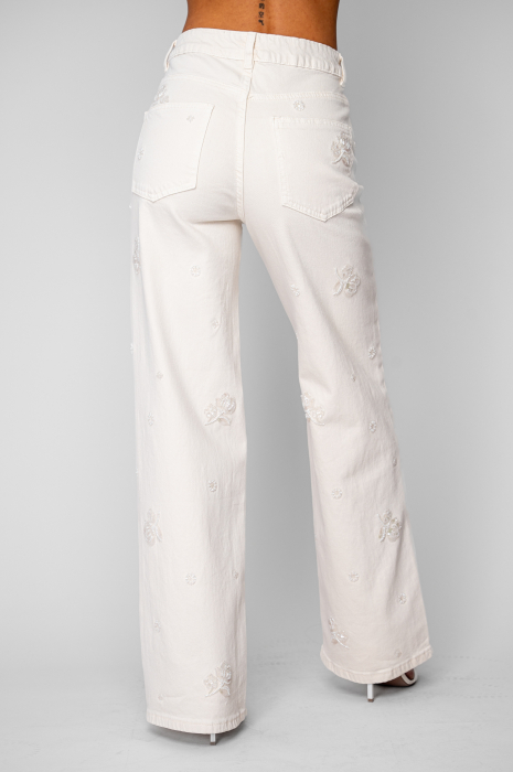 Blugi elastici largi din denim cu broderie Cream [4]