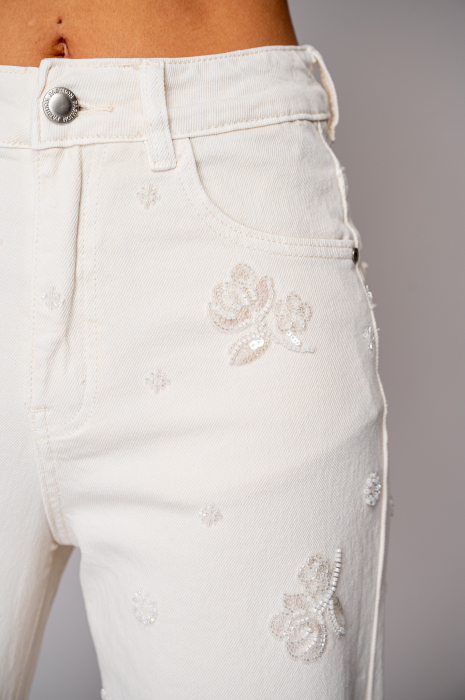 Blugi elastici largi din denim cu broderie Cream [5]