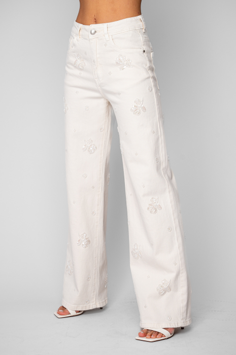 Blugi elastici largi din denim cu broderie Cream [3]