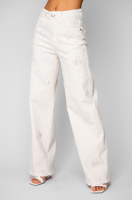 Blugi elastici largi din denim cu broderie Cream [2]