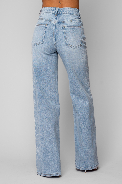 Blugi largi cu model floral si pietricele Light Blue [3]