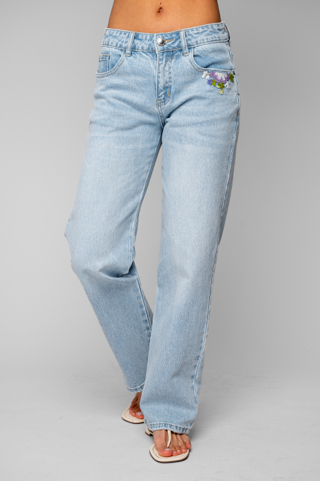 Blugi lungi elastici cu broderie florala Light Blue [2]