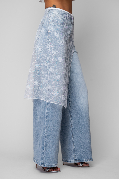 Blugi lungi elastici cu aplicatie din dantela Light Blue [4]