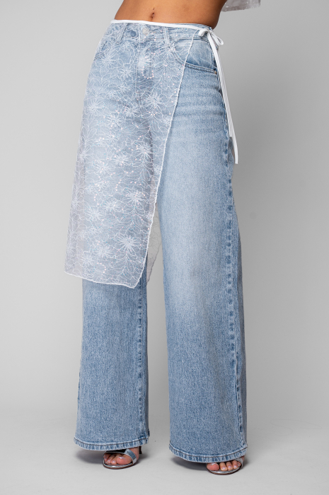 Blugi lungi elastici cu aplicatie din dantela Light Blue [2]