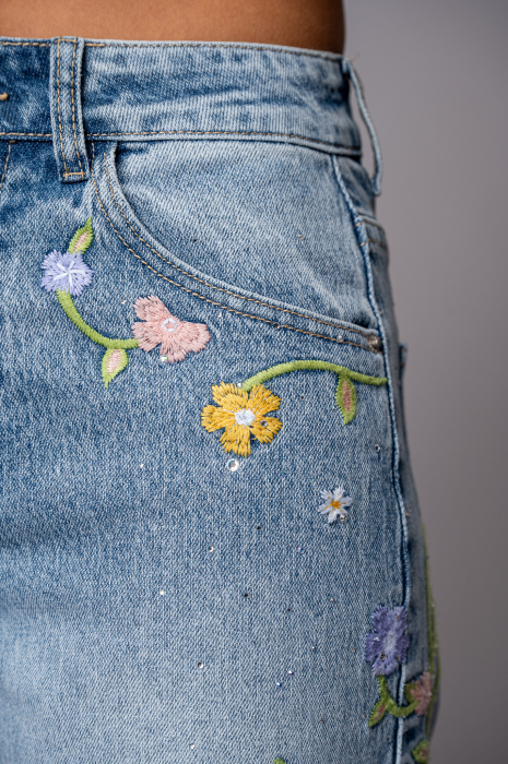 Blugi lungi elastici cu strasuri si broderie florala colorata Light Blue [4]