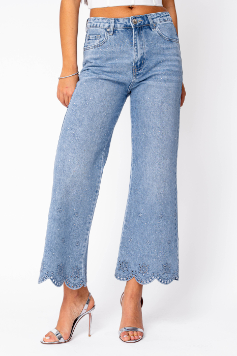 Elastic jeans with floral embroidery and rhinestones Blue [2]
