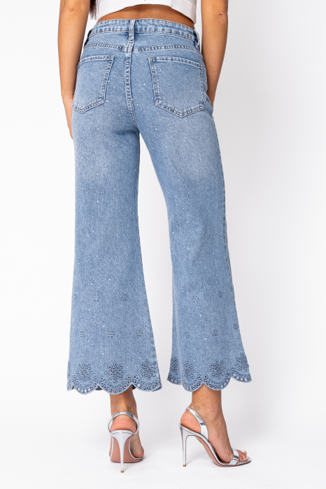 Elastic jeans with floral embroidery and rhinestones Blue [3]